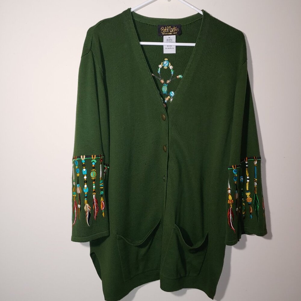 Bob Mackie Wearable Art Southwestern Embroidered Sweater Cardigan Sz XL Green